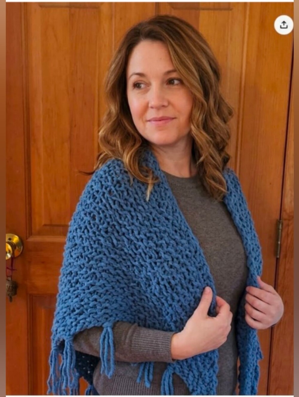 Hand Knit Thick Acrylic Triangle Shawl Wrap Scarf With FRINGE Tassel Blue
